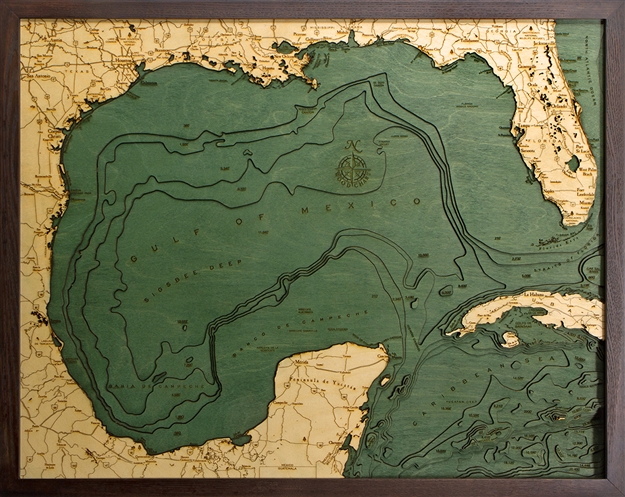 3D Gulf of Mexico Nautical Real Wood Map Depth Decorative Chart