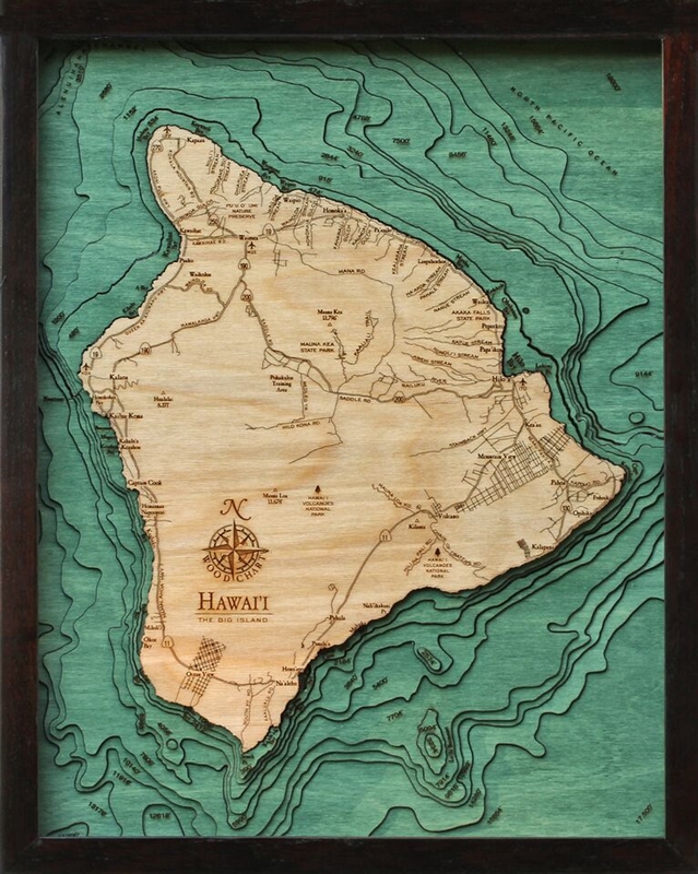 3D Hawaii The Big Island Nautical Real Wood Map Depth Decorative Chart