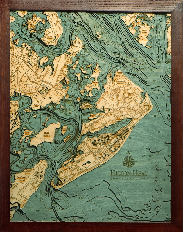 Hilton Head Nautical Topographic Art: Bathymetric Real Wood Decorative Chart