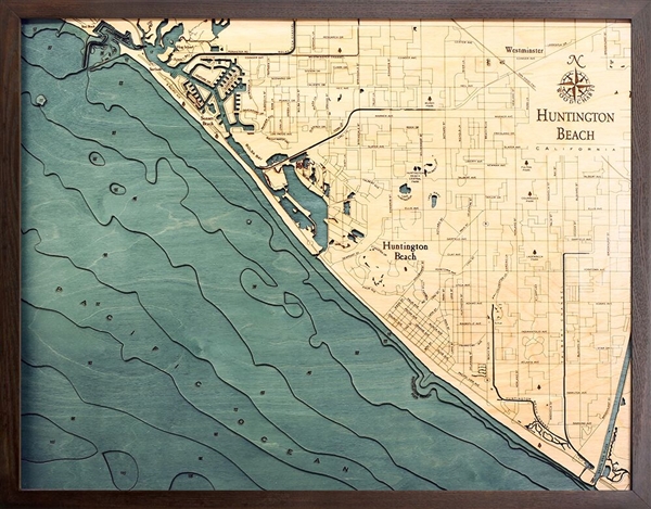 3D Huntington Beach Nautical Real Wood Map Depth Decorative Chart