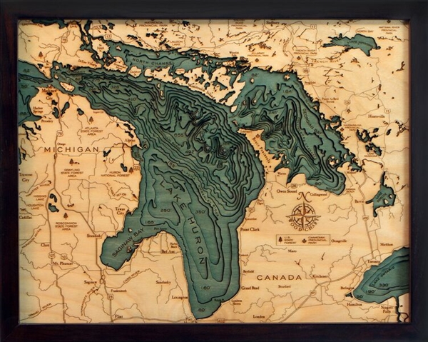 Lake Huron Nautical Topographic Art: Bathymetric Real Wood Decorative Chart