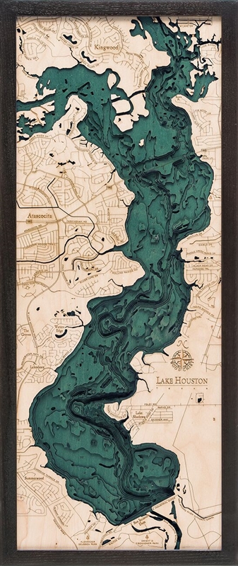 Lake Houston Nautical Topographic Art: Bathymetric Real Wood Decorative Chart