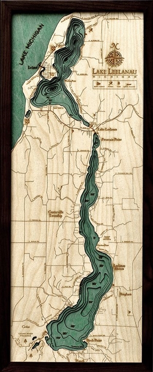 Lake Leelanau Nautical Topographic Art: Bathymetric Real Wood Decorative Chart