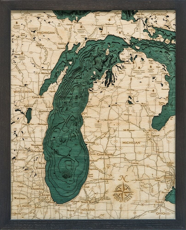 Lake Michigan Nautical Topographic Art: Bathymetric Real Wood Decorative Chart