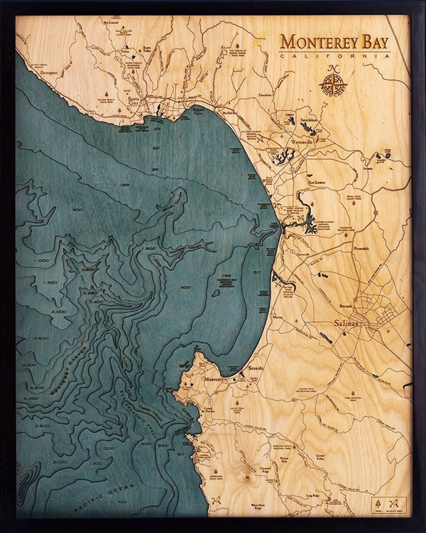 Monterey Bay Nautical Topographic Art: Bathymetric Real Wood Decorative Chart