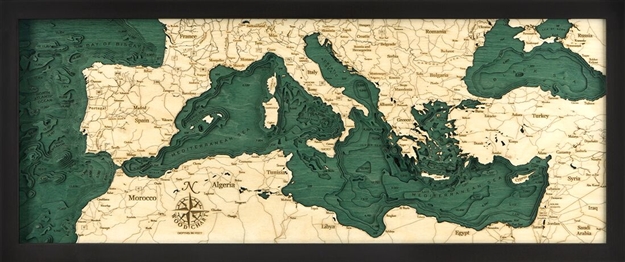 3D Mediterranean Sea Nautical Real Wood Map Depth Decorative Chart