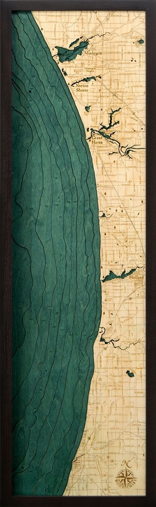3D Muskegon to South haven Nautical Real Wood Map Depth Decorative Chart