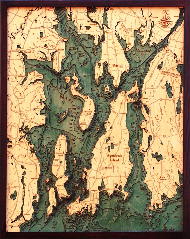 Narragansett Bay and Newport Nautical Topographic Art: Bathymetric Real Wood Decorative Chart