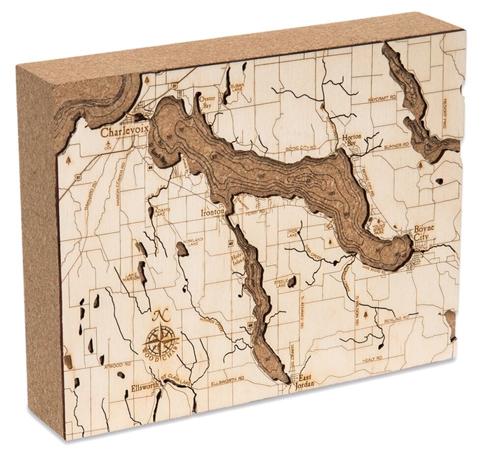 Lake Charlevoix Cork Map Nautical Topographic Art