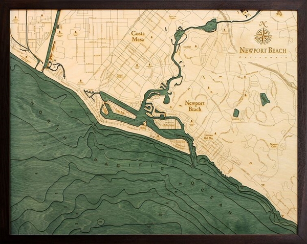 3D Newport Beach Nautical Real Wood Map Depth Decorative Chart