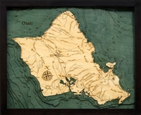 3D Island of Oahu Nautical Real Wood Map Depth Decorative Chart