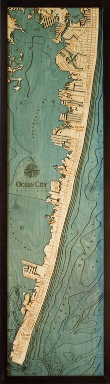 Ocean City Nautical Topographic Art: Bathymetric Real Wood Decorative Chart