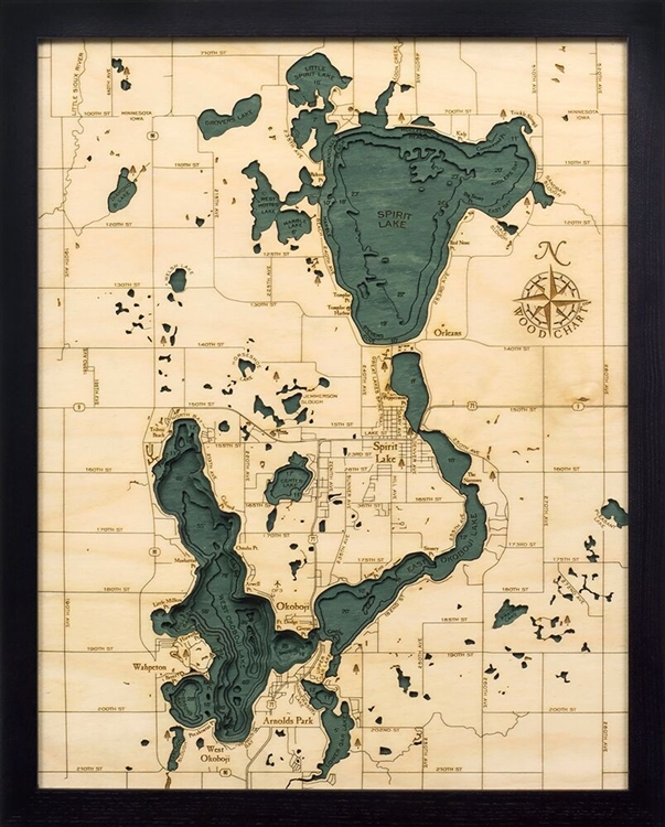 Lake Okoboji Nautical Topographic Art: Bathymetric Real Wood Decorative Chart