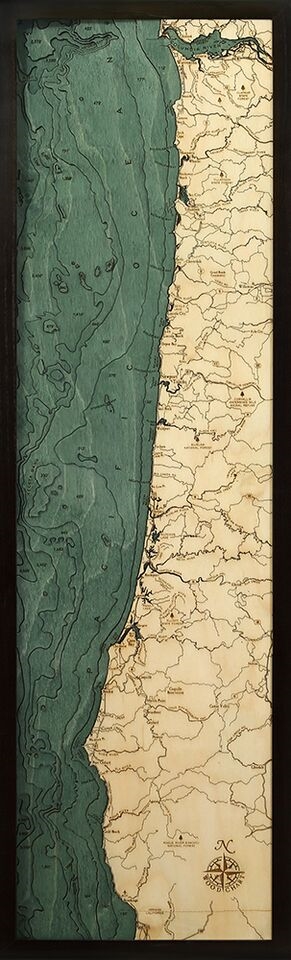 Oregon Coast Nautical Topographic Art: Bathymetric Real Wood Decorative Chart