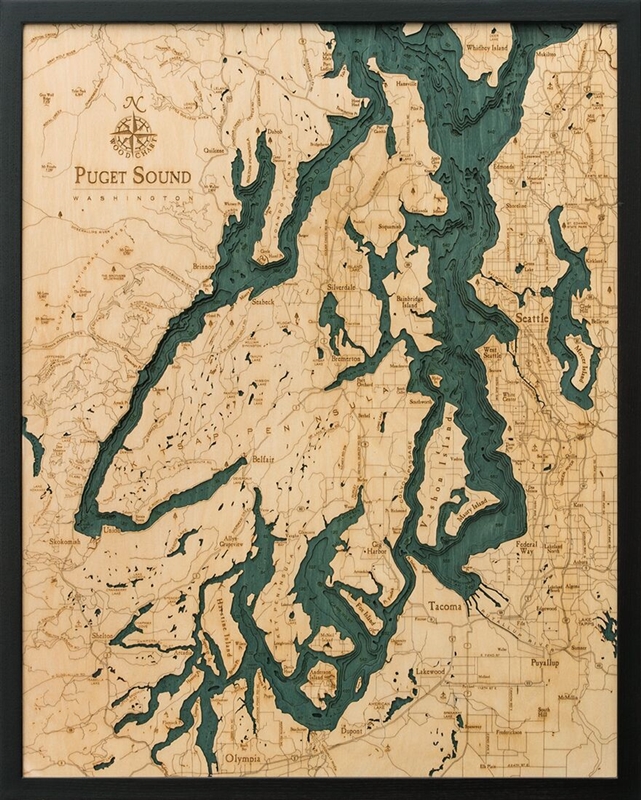 Puget Sound Nautical Topographic Art: Bathymetric Real Wood Decorative Chart