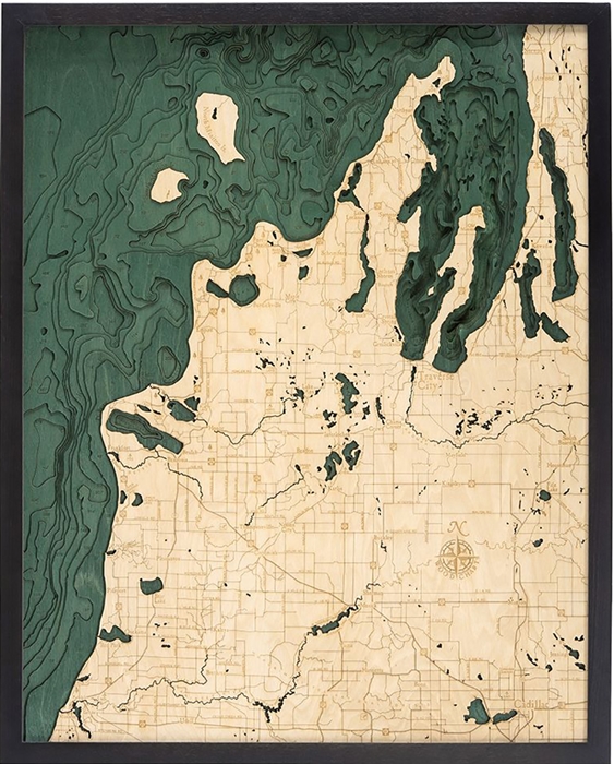 Michigan Route M-22Topographic Art: Bathymetric Real Wood Decorative Chart