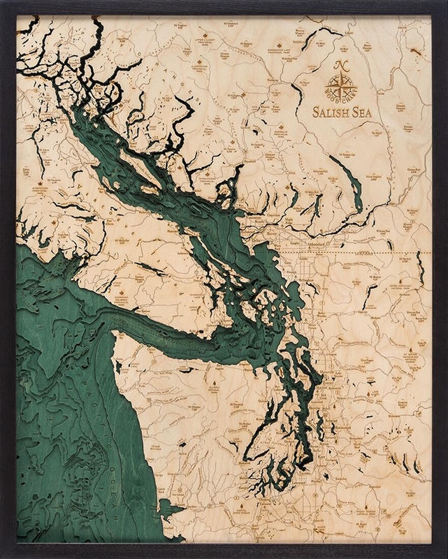 Salish Sea Nautical Topographic Art: Bathymetric Real Wood Decorative Chart