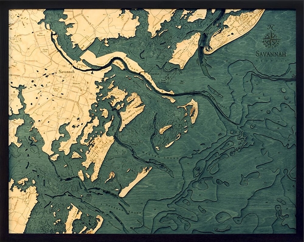 Savannah Nautical Topographic Art: Bathymetric Real Wood Decorative Chart