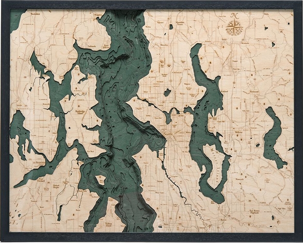 Seattle Nautical Topographic Art: Bathymetric Real Wood Decorative Chart | Dark Frame