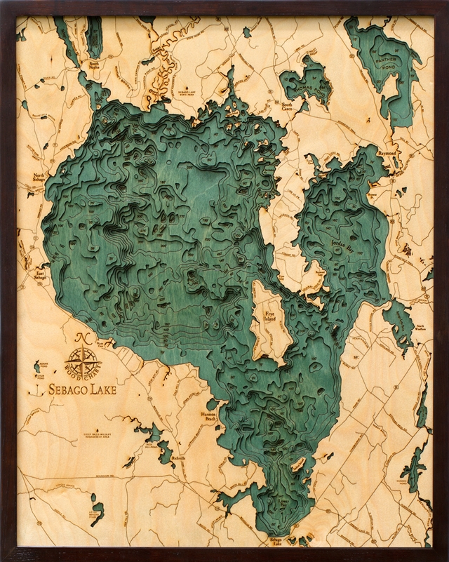 Sebago Lake Nautical Topographic Art: Bathymetric Real Wood Decorative Chart