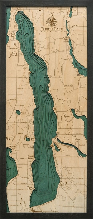 Torch Lake Nautical Topographic Art: Bathymetric Real Wood Decorative Chart