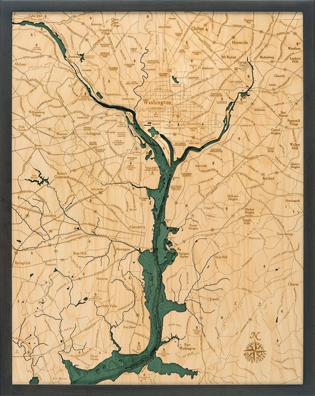 Washington D.C. Nautical Topographic Art: Bathymetric Real Wood Decorative Chart