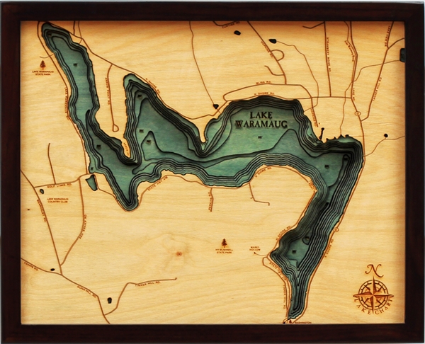 3D Lake Waramaug Nautical Real Wood Map Depth Decorative Chart