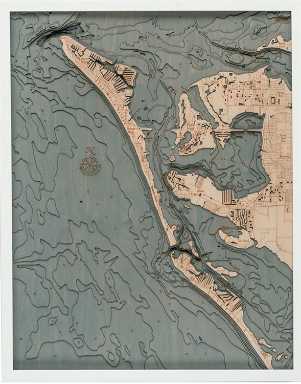 Anna Maria Island Nautical Topographic Art: Bathymetric Real Wood Decorative Chart | White Frame