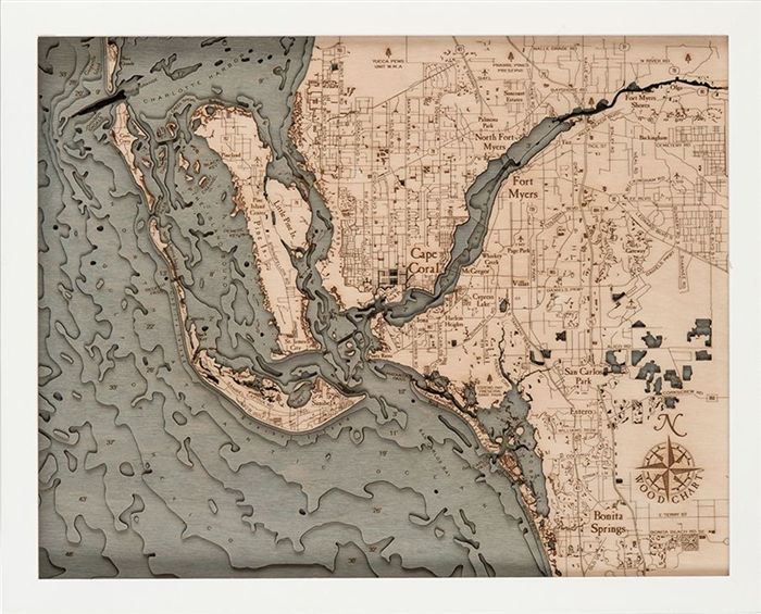Fort Myers and Cape Coral Nautical Topographic Art: Bathymetric Real Wood Decorative Chart