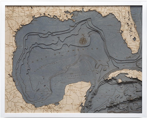 3D Gulf of America  Nautical Real Wood Map Depth Decorative Chart| White Frame