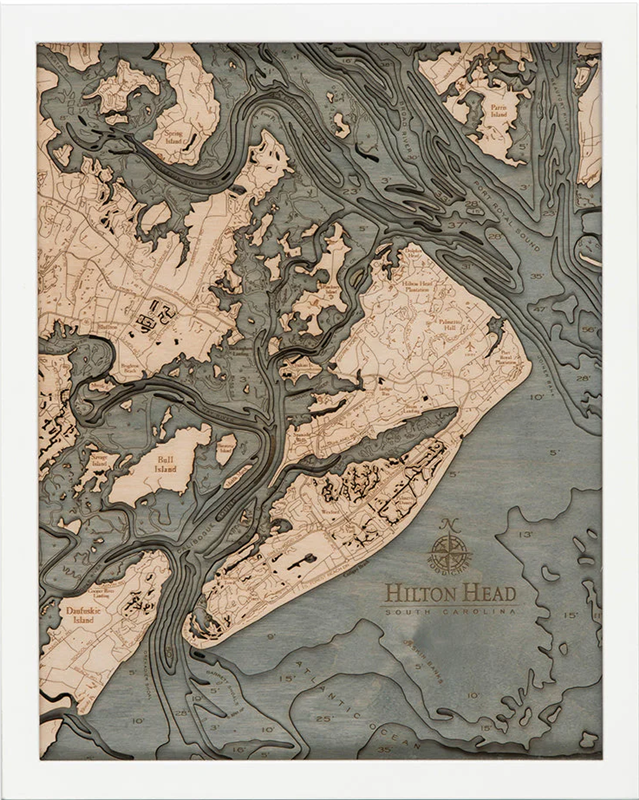 Hilton Head Nautical Topographic Art: Bathymetric Real Wood Decorative Chart | White Frame