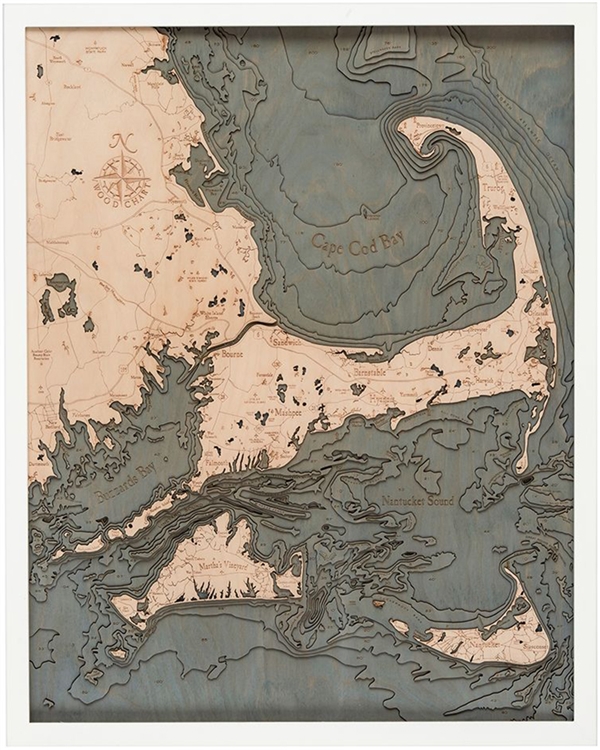 Cape Cod Nautical Topographic Art: Bathymetric Real Wood Decorative Chart | White Frame