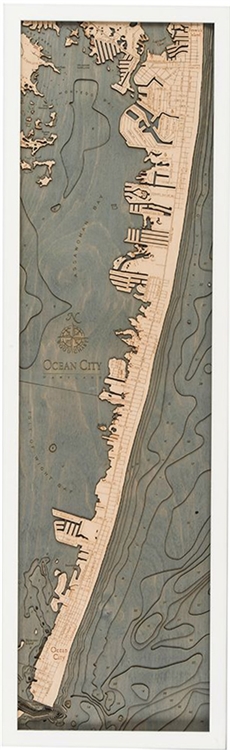 Ocean City Nautical Topographic Art: Bathymetric Real Wood Decorative Chart | White Frame