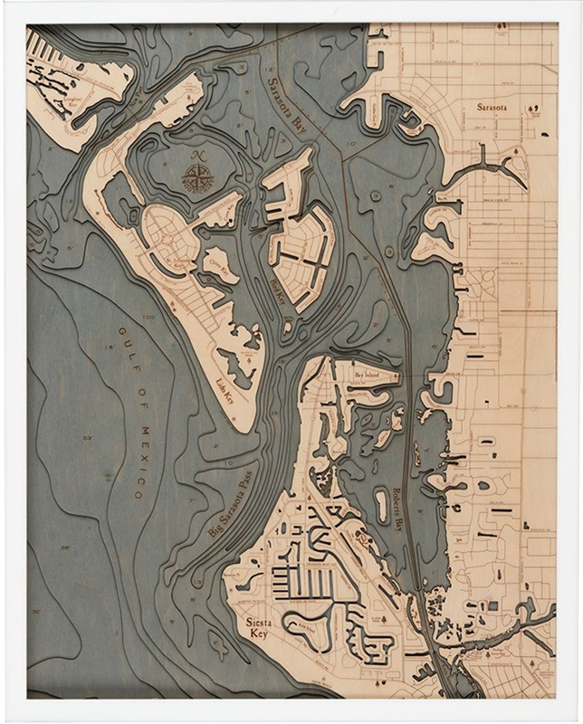 Siesta Key Nautical Topographic Art: Bathymetric Real Wood Decorative Chart