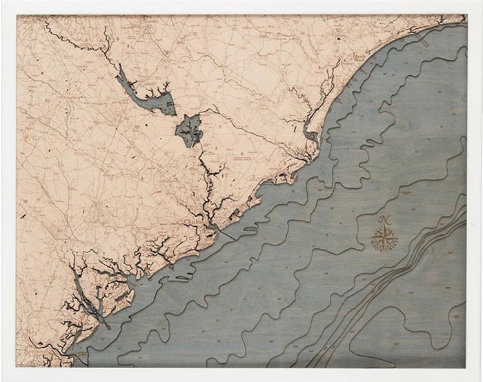 3D South Carolina Coast Nautical Real Wood Map Depth Decorative Chart | White Frame