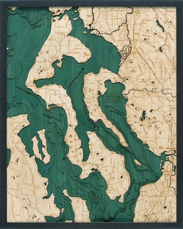 Whidbey & Camano Islands Nautical Topographic Art: Bathymetric Real Wood Decorative Chart