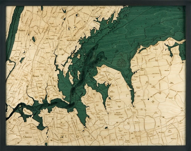 West Long Island Sound Nautical Topographic Art: Bathymetric Real Wood Decorative Chart