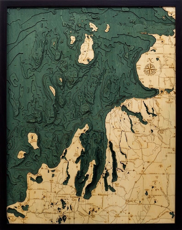 3D Northwest Michigan Nautical Real Wood Map Depth Decorative Chart