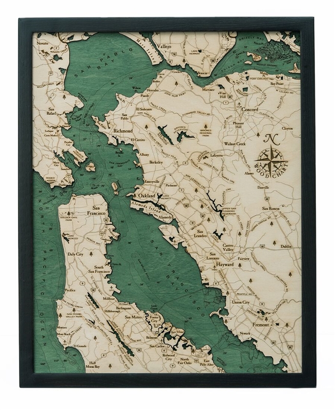 San Francisco Bay Nautical Topographic Art: Bathymetric Real Wood Decorative Chart