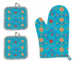 OVEN MITT SET FLORAL PRINT--1 MITT + 2 HOLDERS