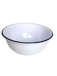 MELAMINE BOWL 9.5" WHITE, BLUE RIM.