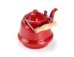 SMALL RED ENAMEL TEA KETTLE, WOOD HANDLE