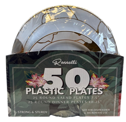 PLASTIC PLATES 50PCS, WHITE & GOLD