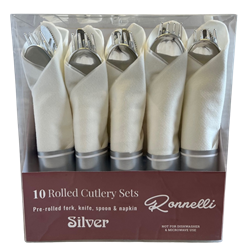 NAPKIN & CUTLERY SET PRE-ROLLED, SILVER (10/PAK)