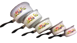 5PC ENAMEL SAUCE POT SET, ASST DESIGNS