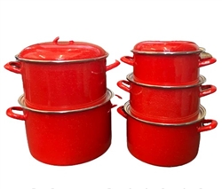 5PC STOCK POT SET W/LIDS, RED ENAMEL
