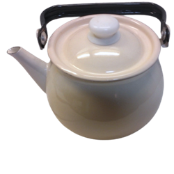 TEA KETTLE, ENAMEL BEIGE W/BLACK TRIM
