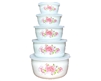 5PC ENAM BOWLS w/PLASTIC LIDS, FLOWERS