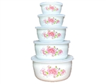 5PC ENAM BOWLS w/PLASTIC LIDS, FLOWERS