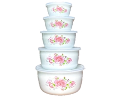 5PC ENAM BOWLS w/PLASTIC LIDS, FLOWERS
